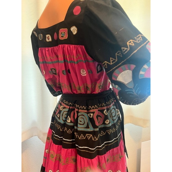 Vintage Ramona Rull Folk Art Festival Dress Pink Black Cotton Size S/M (P) - Picture 10 of 16